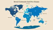 A slide showing a world map illustrating the seven continents and five oceans in shades of blue with a beige background.