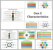 A slide deck highlighting Gen Z characteristics using icons, hexagons, and colorful layouts.