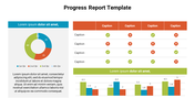 The slide features a colorful donut chart, a table with captions and checkmarks, and a bar graph with a title text area.