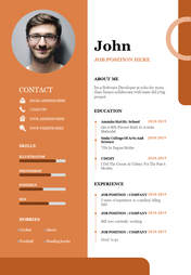 Orange-themed resume template displaying a photo, skills, hobbies, contact, education, and experience details.