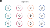 Grid of twelve lightbulb icons in colored circles, each with a unique bulb design indicating ideas or innovation.