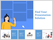 Slide deck with illustrations of people, and text sections providing steps to create effective presentations in blue accents.