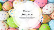 Colorful Easter eggs with floral patterns scattered, with a translucent white circle overlay in the center for text.