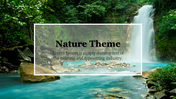 Nature-themed slide featuring a waterfall flowing into a serene pool, surrounded by lush greenery and rocks.