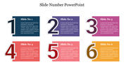 PowerPoint slide displaying six numbered sections, each with a unique color and text, indicating slide numbers from 1 to 6.