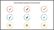 PowerPoint slide displaying different check mark symbols inside colorful circular borders: red, teal, and yellow.