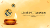 Diwali template with a glowing diya lamp on a golden background, decorative patterns, and the message of light and guidance.