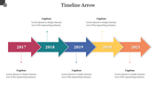 Horizontal timeline slide with colorful arrows representing the years from 2017 to 2021, with captions below each year.