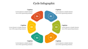 Circular infographic with six colored sections, numbered 1 to 6, each paired with a caption on a white background.