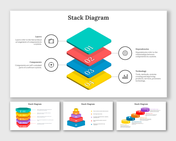 Pack of slides featuring colorful 3D stack diagrams in various layouts, accompanied by icons and descriptions.