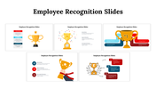 Deck of slides for employee recognition, highlighting trophy illustrations, medals, and awards in various design formats.