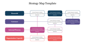 Strategy map with four rows of colored boxes, each linked by arrows, representing different organizational levels.