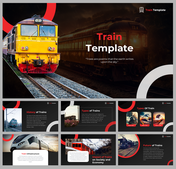 A pack of train themed slides displaying a yellow train and sections on types of trains, infrastructure, and their role.