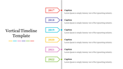 Vertical timeline template with colored tags for years 2017 to 2022, each paired with a placeholder on a white background.