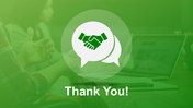 Handshake icon inside speech bubbles on a green background of blurred figures seated near a laptop.