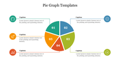 A pie chart slide is divided into five colorful sections and icons, each with a number and connected to descriptive captions.