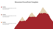 Red mountain shapes with beige peaks in different sizes, and three captions placed vertically on the left.