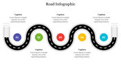 Winding road infographic with five numbered milestones, each marked by a colorful circle and text caption.