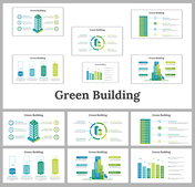 Set of slides showcasing green building designs with eco friendly charts and diagrams for sustainability strategies.