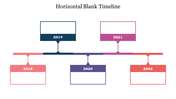 Colorful horizontal timeline slide featuring years from 2018 to 2022, with blank text boxes.