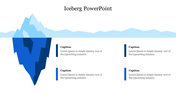 Illustration of an iceberg with different blue tones, partially submerged in water, with four caption areas on the right.