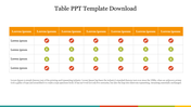 Colorful table slide showing rows and columns with checkmarks and X symbols with text area.