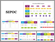 A SIPOC diagram slide deck illustrating suppliers, inputs, processes, outputs, and customers, with distinct colors.