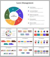 Leave management slides covering policies, approvals, balance tracking, and documentation in colorful numbered sections.