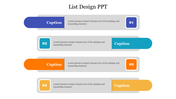 A list layout featuring four colored captions in blue, teal, orange, and yellow, each paired with numbers from 1 to 4.