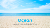 Collection of ocean themed slides showcasing sandy beaches, calm waves, and peaceful blue skies with text overlays.