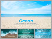 Collection of ocean themed slides showcasing sandy beaches, calm waves, and peaceful blue skies with text overlays.