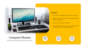 Computer themed slide featuring a desktop setup with a monitor, keyboard, and plant with text sections on a yellow backdrop.