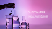 Laboratory glassware with liquids under a gradient pink and purple light, representing a chemistry aesthetic theme with text.