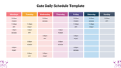 Colorful daily schedule template organized by days of the week, with time slots for various tasks.