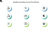 Set of nine circular icons in three columns, each symbolizing health and safety measures with blue and green accents.