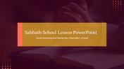 Spiritual-themed PowerPoint slide for Sabbath School lessons, featuring hands in prayer and an open Bible as the background.