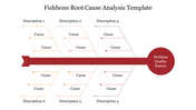 Red arrow fishbone diagram with six labeled branches for causes, structured layout for root cause analysis.