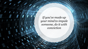 Futuristic design featuring a vortex-like background with digital patterns, in a central circle with motivational text.