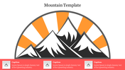 Mountain illustration with orange sun rays above, and three red caption boxes with icons below.