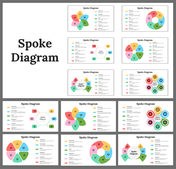 Spoke diagram slides featuring nodes with five surrounding icons in shapes and colors, each connected to caption areas.