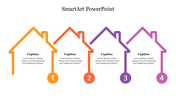 SmartArt design with four houses representing different concepts, each labeled with caption areas and numbers.