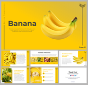 Banana themed presentation template with multiple slides covering introduction, varieties, and health benefits of bananas.