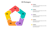 A colorful 3D pentagon slide featuring five distinct sections, each numbered and labeled for captions and descriptions.