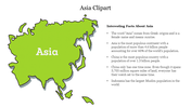 Green outline map of Asia with facts about the continent, highlighting population, time zones, and the origin of the name.