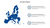 Europe map in blue with three bullet points featuring circular icons and text aligned to the right.