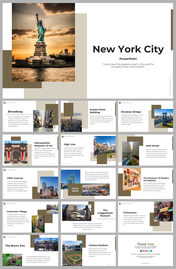 Slide deck with a beige, brown, and white theme, featuring images of New York city landmarks with text sections.