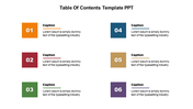 Table of contents template with six color-coded sections for organizing and displaying key content visually.