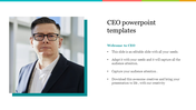 CEO slide with an image of a professional man in a suit and glasses, accompanied by text sections.