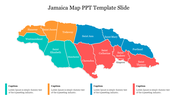 Color-coded map of Jamaica highlighting different parishes in blue, green, orange, and red with corresponding captions below.