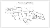 Jamaica map slide outline with clear boundaries dividing the island's parishes with many labeled regions.